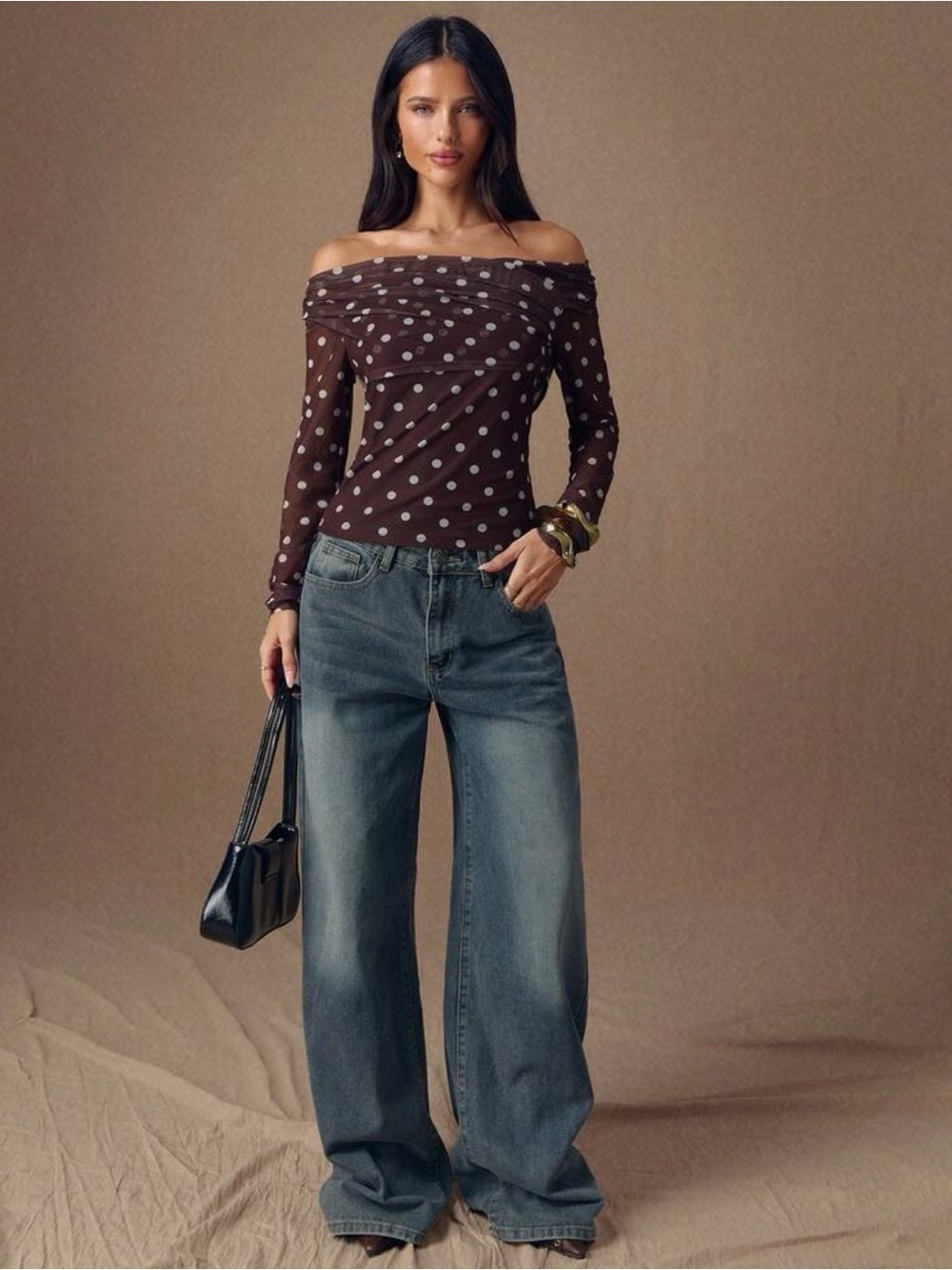 SHEIN Brown Polka Dot Off-Shoulder Top with Cream Dots
